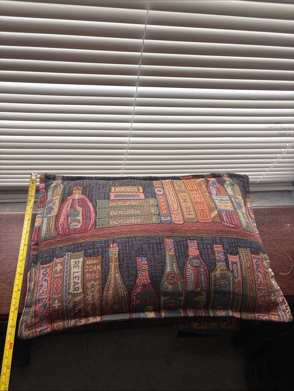 Decorative library Tapestry Pillow with Book & Bottle Motif - Multicolor